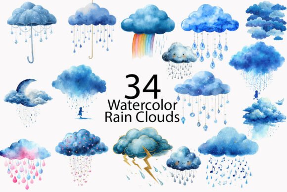 Download Rain Clouds Watercolor Clipart - Rain Collection