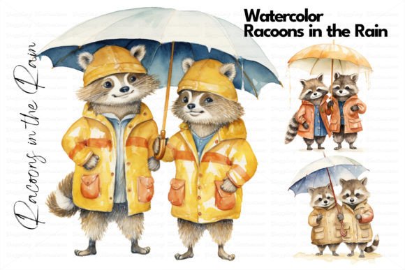 Download Watercolor Racoons in the Rain - Rain Collection