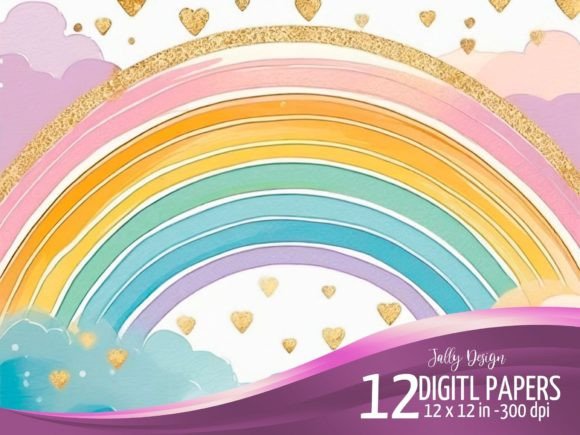 Download Watercolor Rainbow &amp; Golden Hearts Paper - Rain Collection