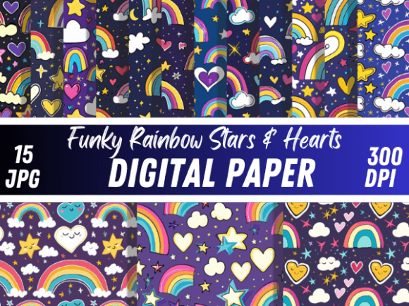 Download Funky Rainbow Stars Hearts Paper Pattern - Rain Collection