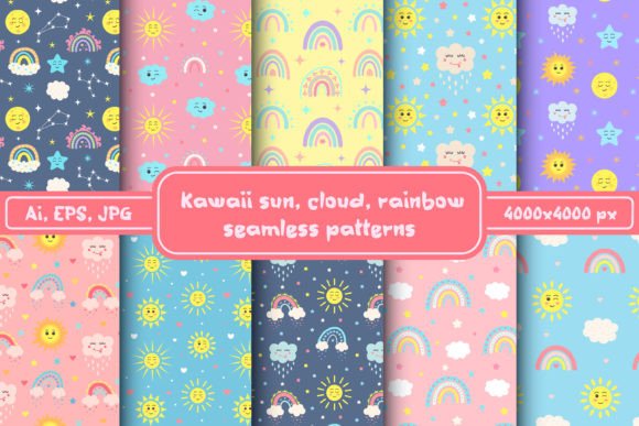 Download Kawaii Sun, Cloud, Rainbow Patterns Set - Rain Collection