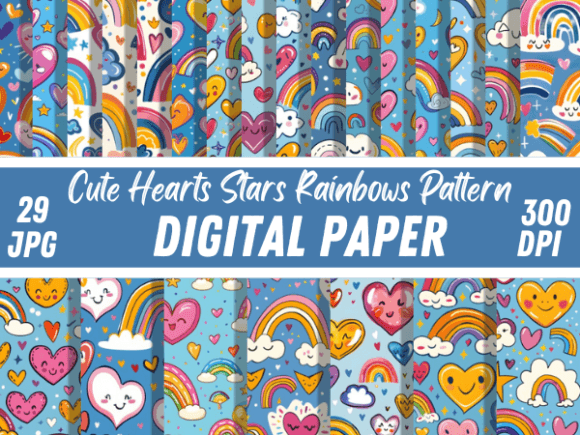 Download Cute Kawaii Hearts Stars Rainbow Pattern - Rain Collection